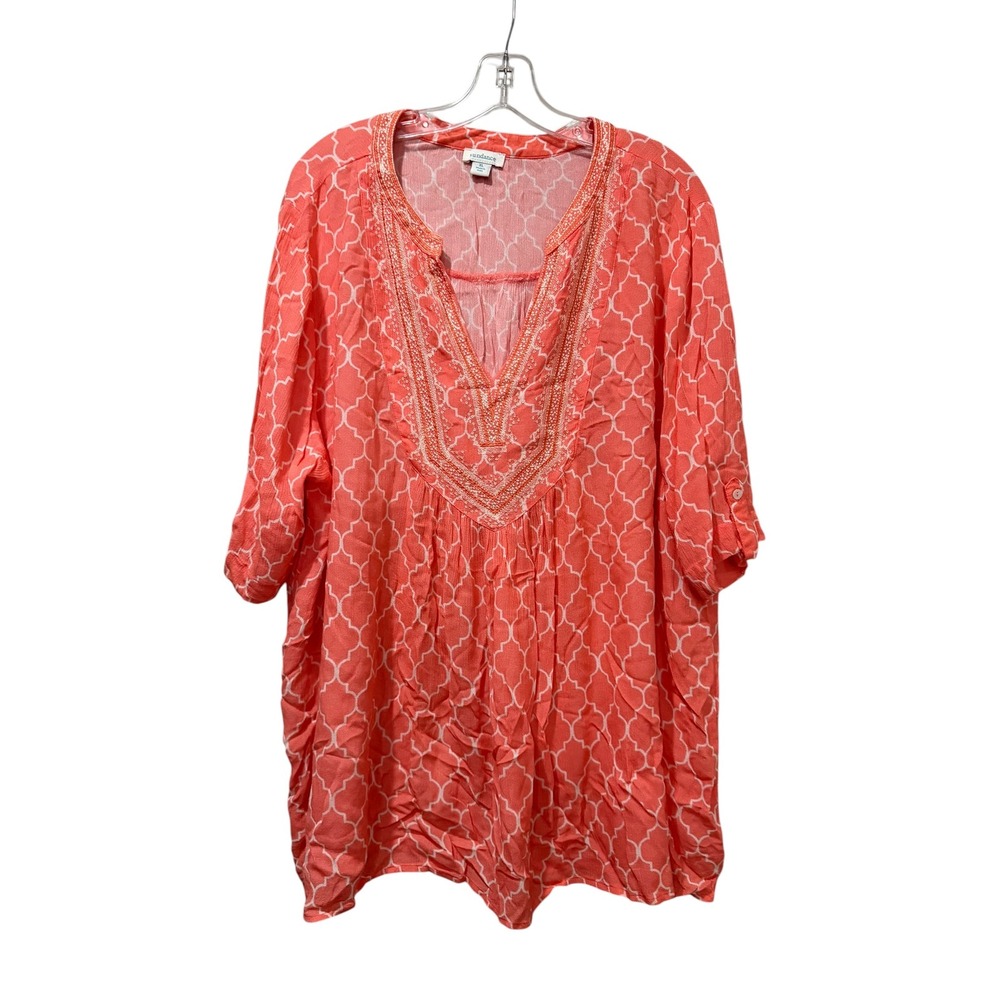Sundance Womens XL Coral Orange Lattice Print Beaded V-Neck Tunic Blouse Top